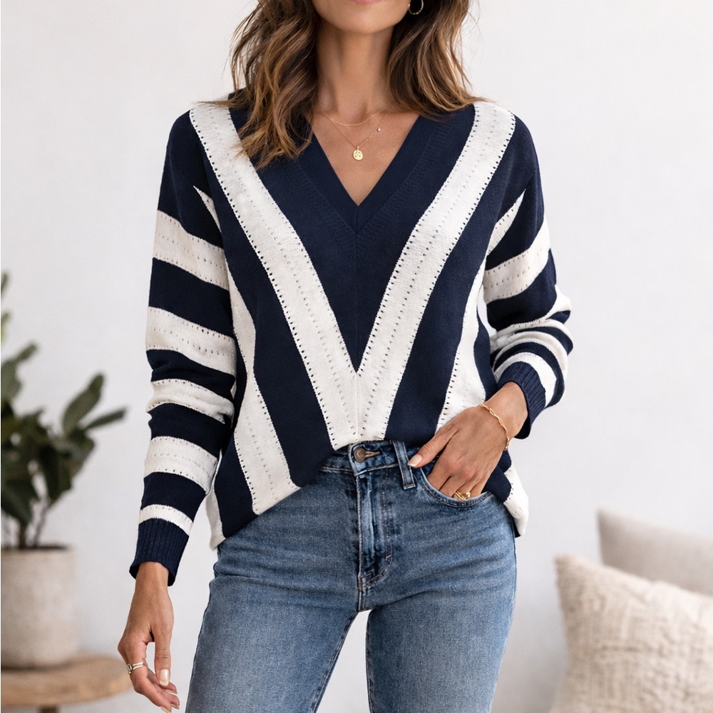 Women's V-Neck Striped Sweater - Blue and White - Picture 2 of 2